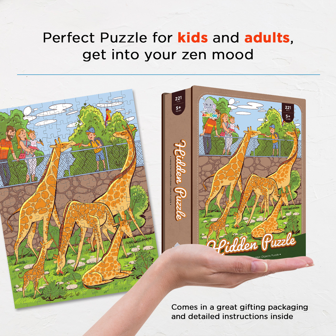 Feeding the Giraffe hidden objects puzzle perfect for the curious kids