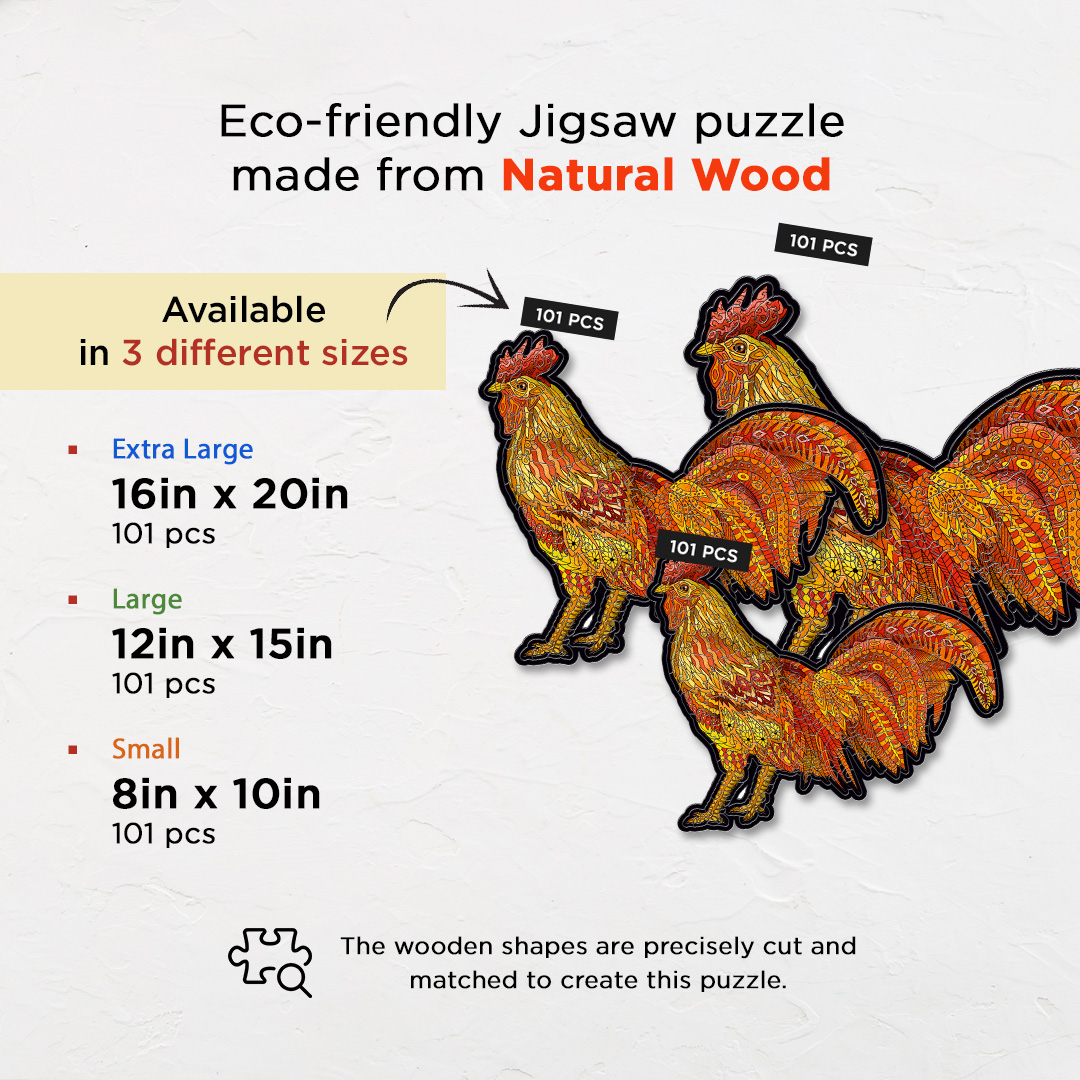 Colorful Rooster creative jigsaw puzzle for kids and adults includes different custom shapes