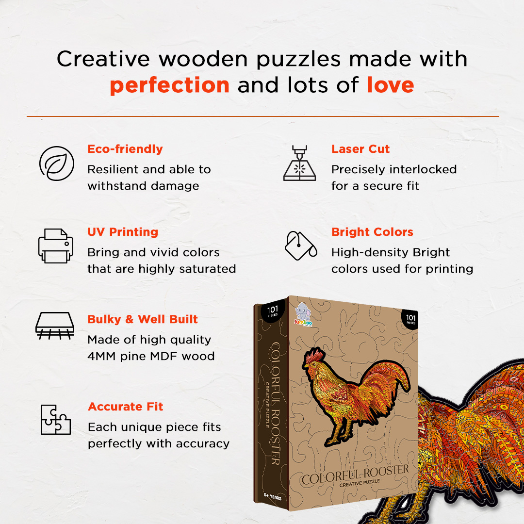 Colorful Rooster creative jigsaw puzzle for kids and adults includes different custom shapes
