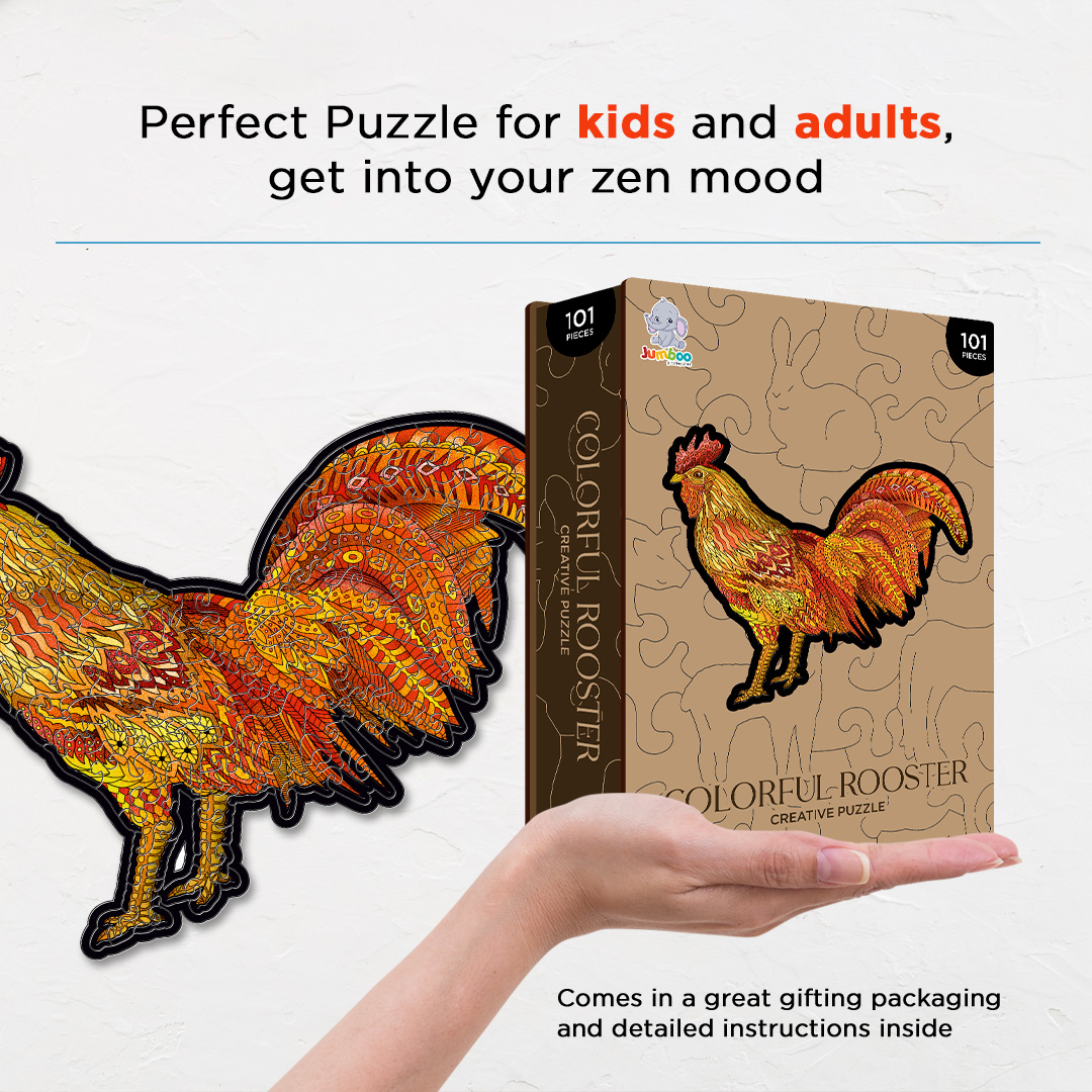 Colorful Rooster creative jigsaw puzzle for kids and adults includes different custom shapes