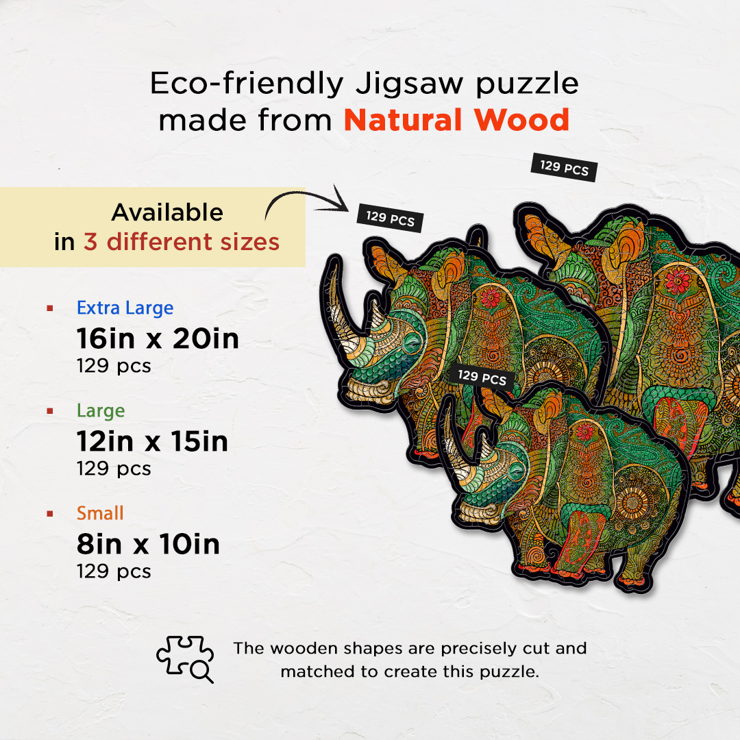 Rowdy Rhino creative jigsaw puzzle for kids and adults includes different custom shapes