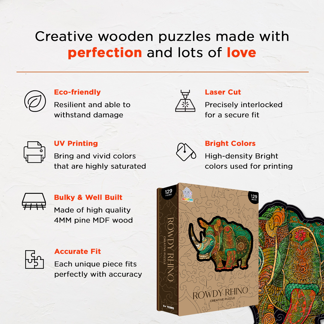 Rowdy Rhino creative jigsaw puzzle for kids and adults includes different custom shapes