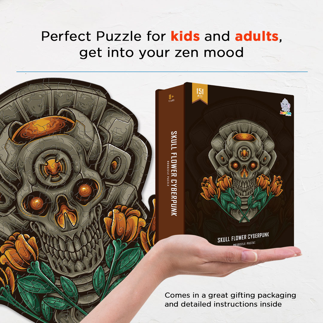 Skull Flower Cyberpunk unique jigsaw puzzle created from unique shapes