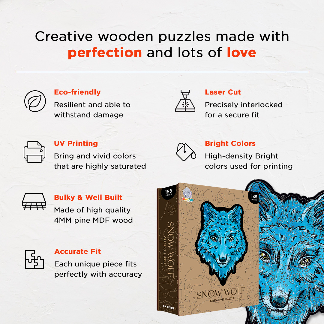 Snow Wolf creative jigsaw puzzle for kids and adults includes different custom shapes