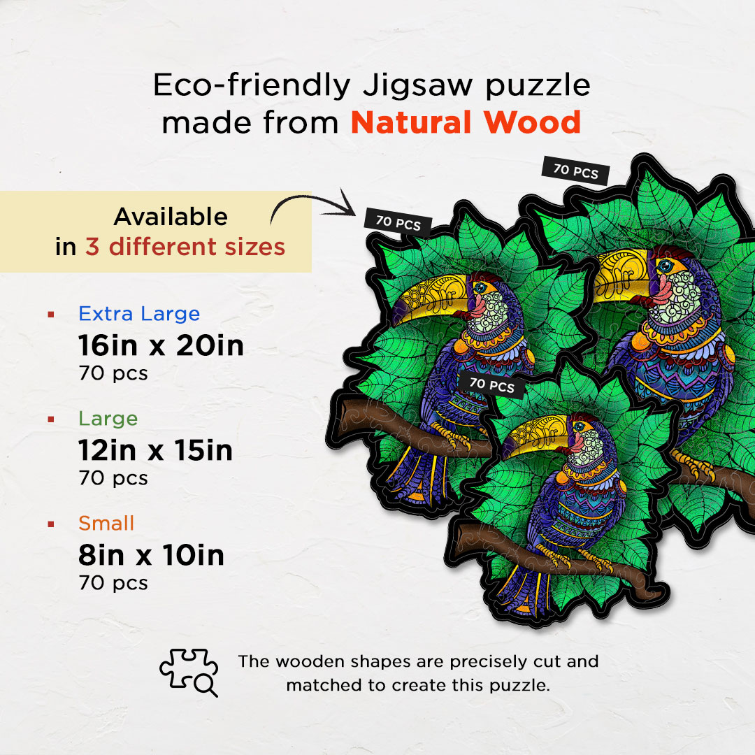 Toucan Bird creative jigsaw puzzle for kids and adults includes different custom shapes